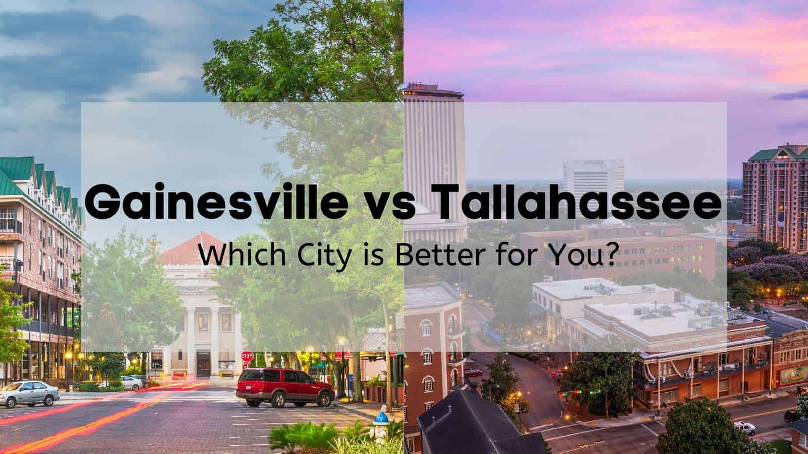 Split photo with a residential street in Gainesville on the left and the Tallahassee skyline at sunset on the right.