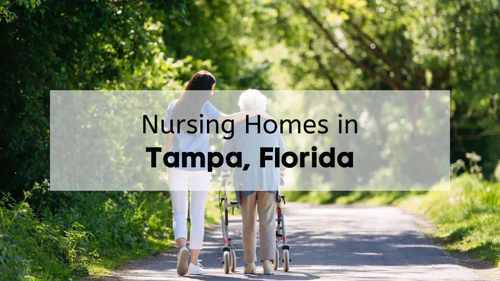 A young woman and an elderly woman with a walker walking down a tree-lined path in Tampa, Florida.